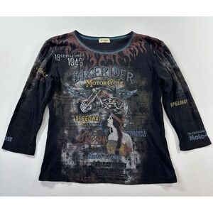 Vtg 90s‎ Y2K Cactus Biker Motorcycle Graphic Top Faded Black Studded Small Shirt